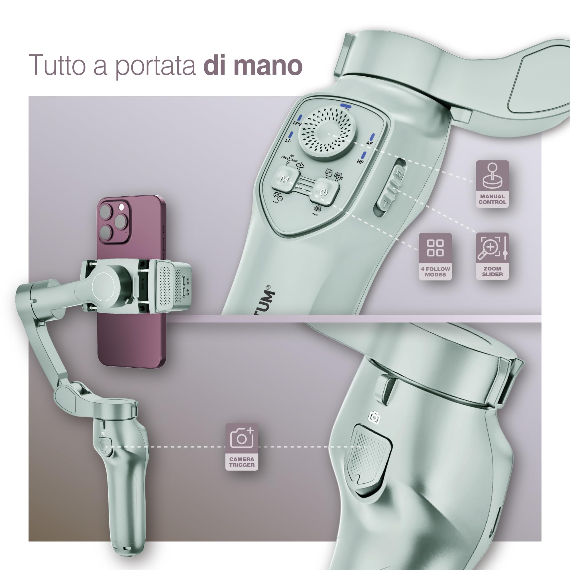 PORTENTUM 7 Pro Gimbal stabilizzatore smartphone con modulo IA di tracciamento indipendente – 3 assi pieghevole – Treppiede – App opzionale – Compatibile iPhone e Android – Vlog YouTube TikTok