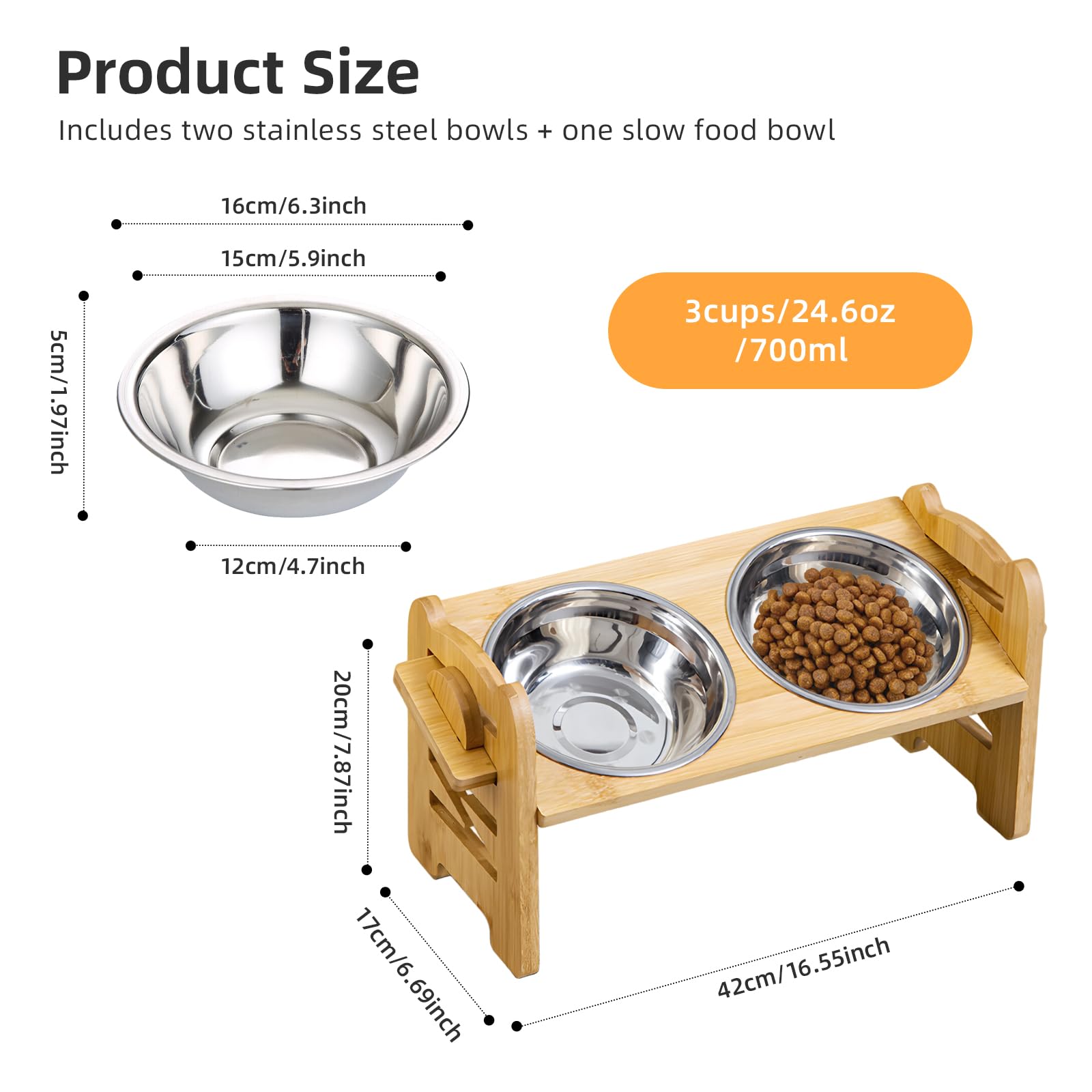 Comedero para Perros, Altura Ajustable, comedero Elevado, Bares para Perros con Soporte de bambú para Perros pequeños y Gatos, estación de alimentación Antideslizante, Cuencos de Acero
