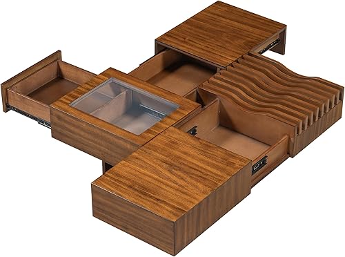 Miniatura 18 de Merax Mesa auxiliar, moderna mesa de centro extensible con 4 compartimentos de almacenamiento ocultos, mesa de cóctel central cuadrada de alto