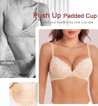 DotVol Womens Comfort Padding Underwire Push Up T-Shirt Bra Flower Lace Everyday Bra