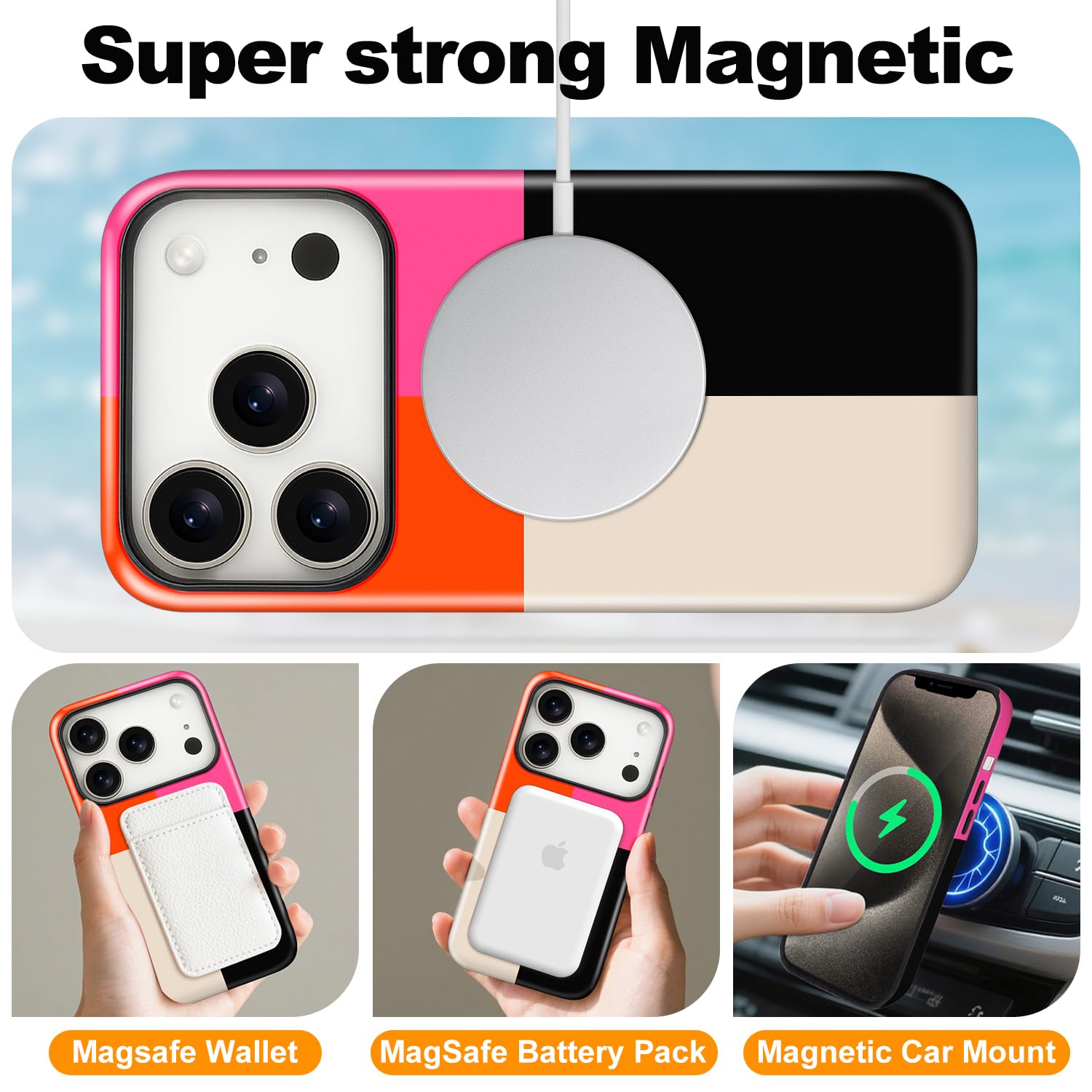 Funda magnética para iPhone 17 Pro, bonita funda protectora de cuatro rayas cuadradas, a prueba de golpes, TPU delgada y policarbonato duro, compatible con MagSafe, diseñada para mujeres y