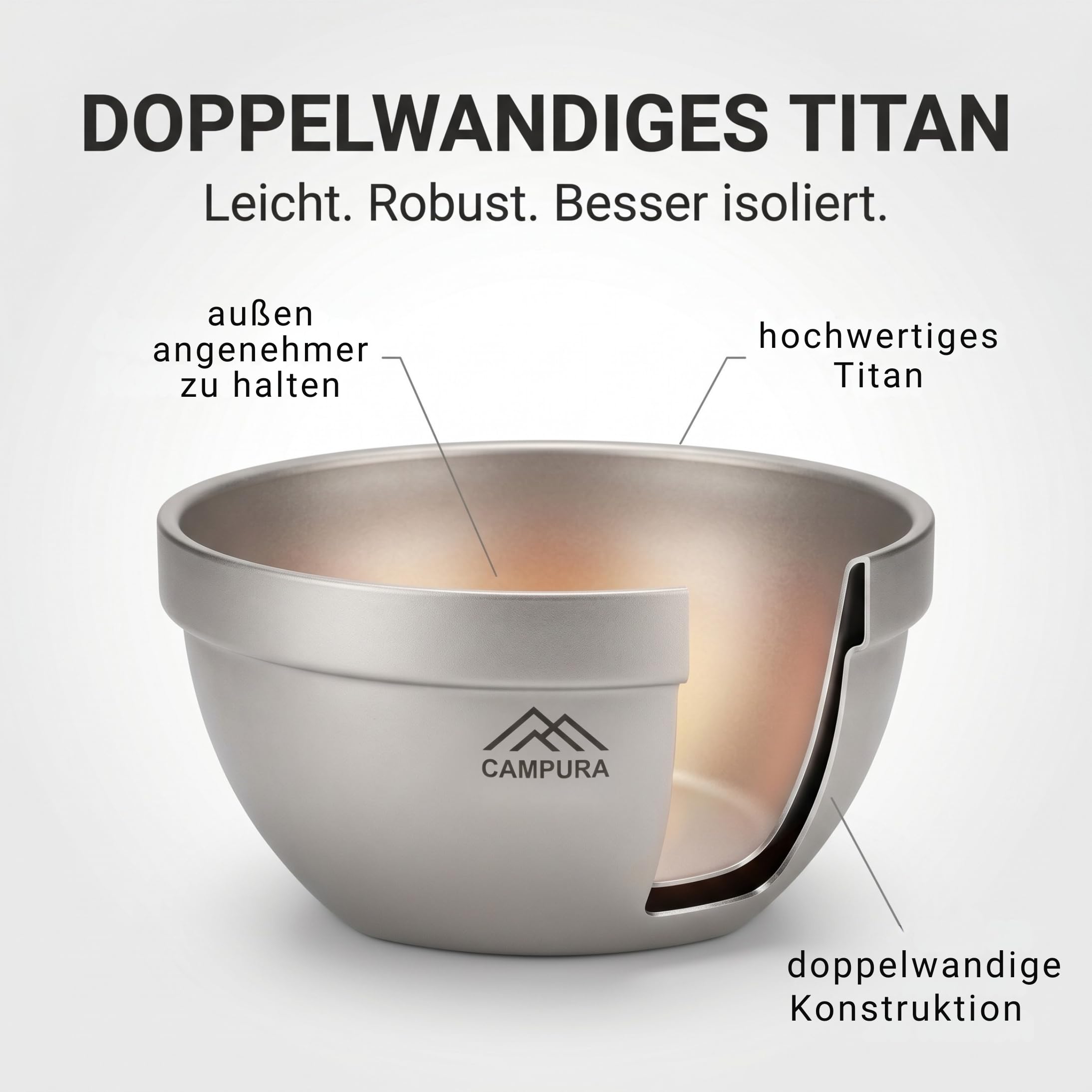 Titanschüssel 800 ml doppelwandig mit Transportbeutel, leichte Camping Schüssel aus Titan für Outdoor, Trekking, Bushcraft, Reise, Suppe, Reis und Müsli