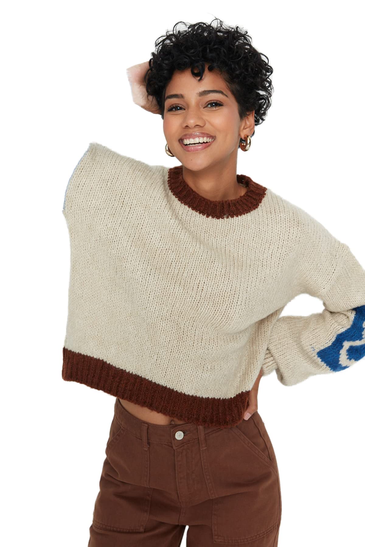 Trendyol Damen Stone Einfarbiger Pullover Mit Rundhalsausschnitt Sweatshirt, L