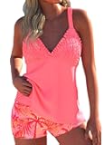 Womens Tankini Bathing Suits, Two-Piece Smocked Swim Dress, Print Swimsuits with Board Shorts