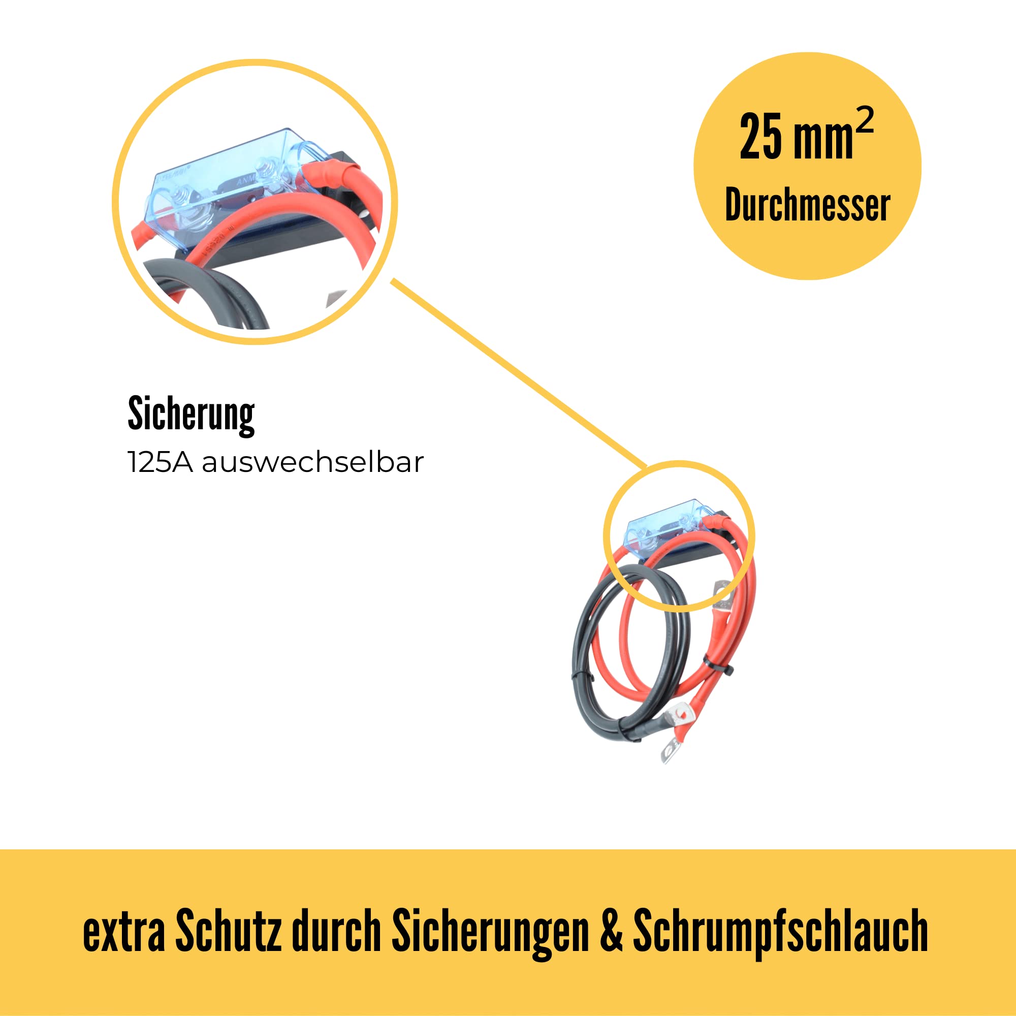 80cm Anschlusskabel für Wechselrichter | Verbindet Wechselrichter und Versorungsbatterie l M8 Ringkabelschuhe | 25mm² | inkl. 125A Sicherung | für Camper | Made IN Germany