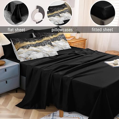 Miniatura 2 de Juego de edredón ligero de mármol, tamaño Queen, color negro y dorado, edredón dorado metálico, edredón alternativo de plumón alternativo en una