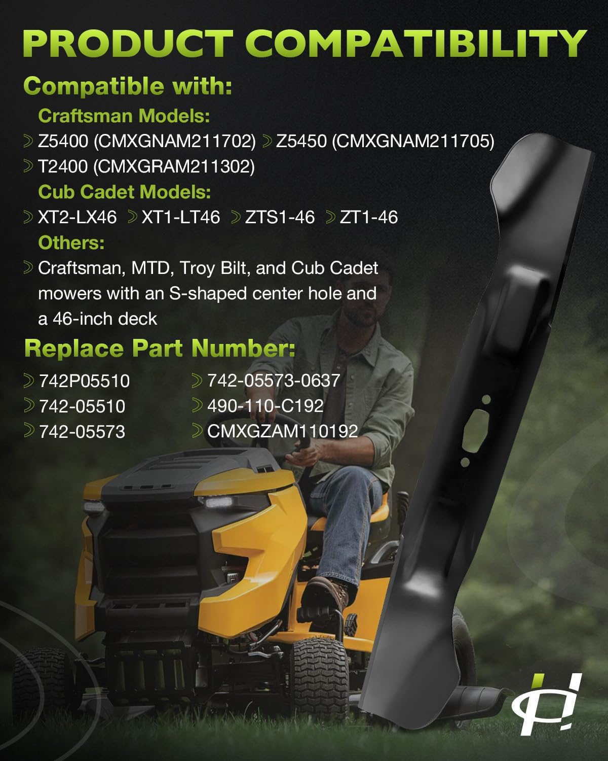 HQPASFY 742-05510 High Lift Lawn Mower Blades, Compatible with 46" Deck Cub Cadet, MTD, Crafts Man, Troy Bilt for Riding & Zero-Turn Mower Blades, Replace OEM 742P05510 CMXGZAM110192, 2 Pack