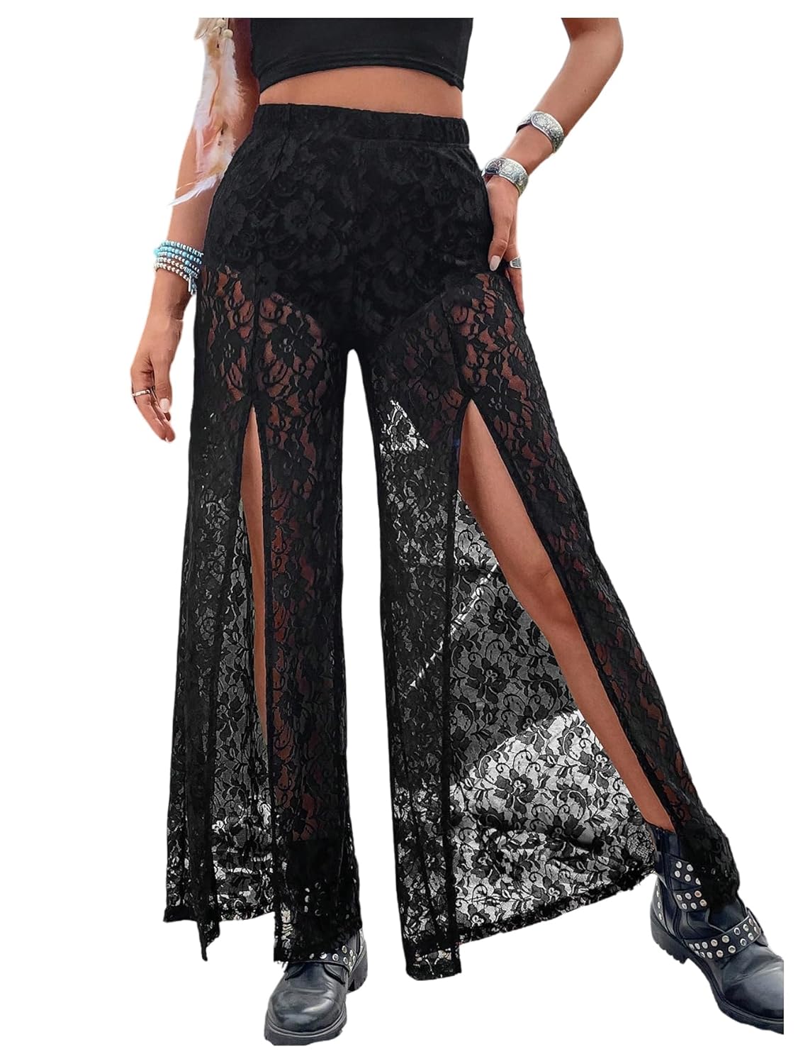SweatyRocks Womens Split Lace Pants Gothic Grunge See Through Wide Leg Trousers Bell Bottoms