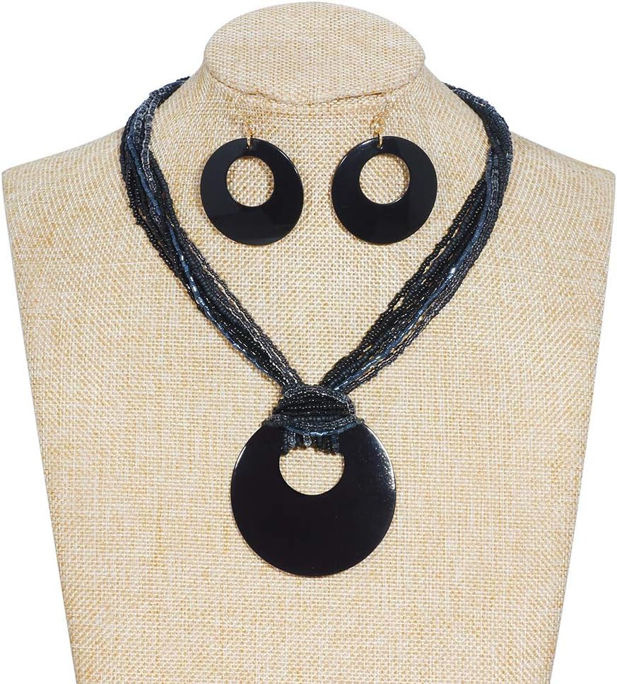 Coiris Multi Strand Statement Colorful Beaded Necklace with Big Circle Shell Pendant for Women - Image 2