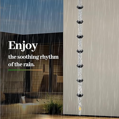 Miniatura 8 de Johaus Cadena de lluvia para canalones, cadena de lluvia de loto negro de 8.5 pies con 16 tazas y apertura de drenaje de 1 pulgada de ancho,