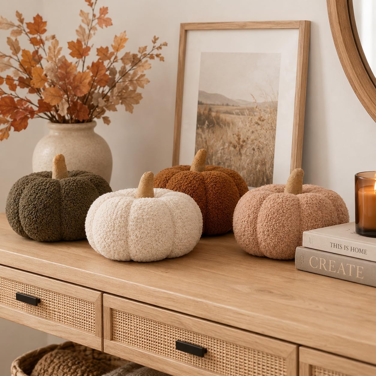 Pearhead Sherpa Pumpkin Pillow Decor, Modern Fall Home, 9", Olive Green