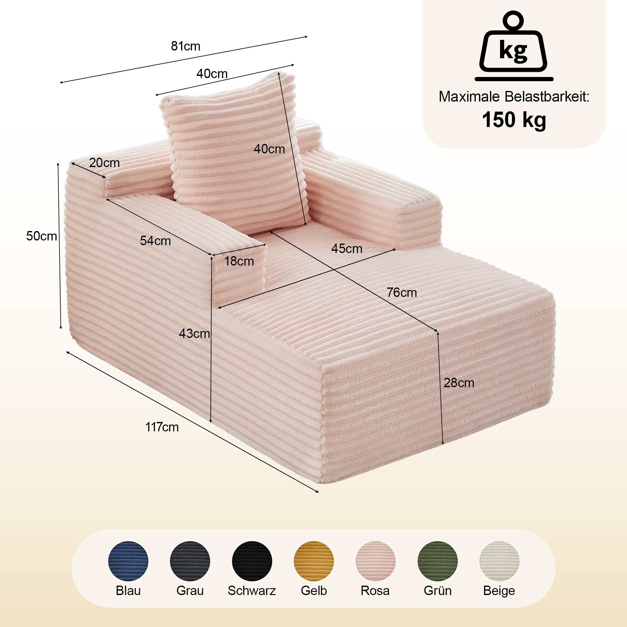 okwish Bodensofa, Boneless Sofa, Chaiselongue, Rosa 117 cm