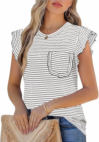 JUSTFASHIONNOW Womens Summer Tops Striped T-Shirts 2026 Ruffle Short Sleeve Crew Neck Casual Blouses with Pocket