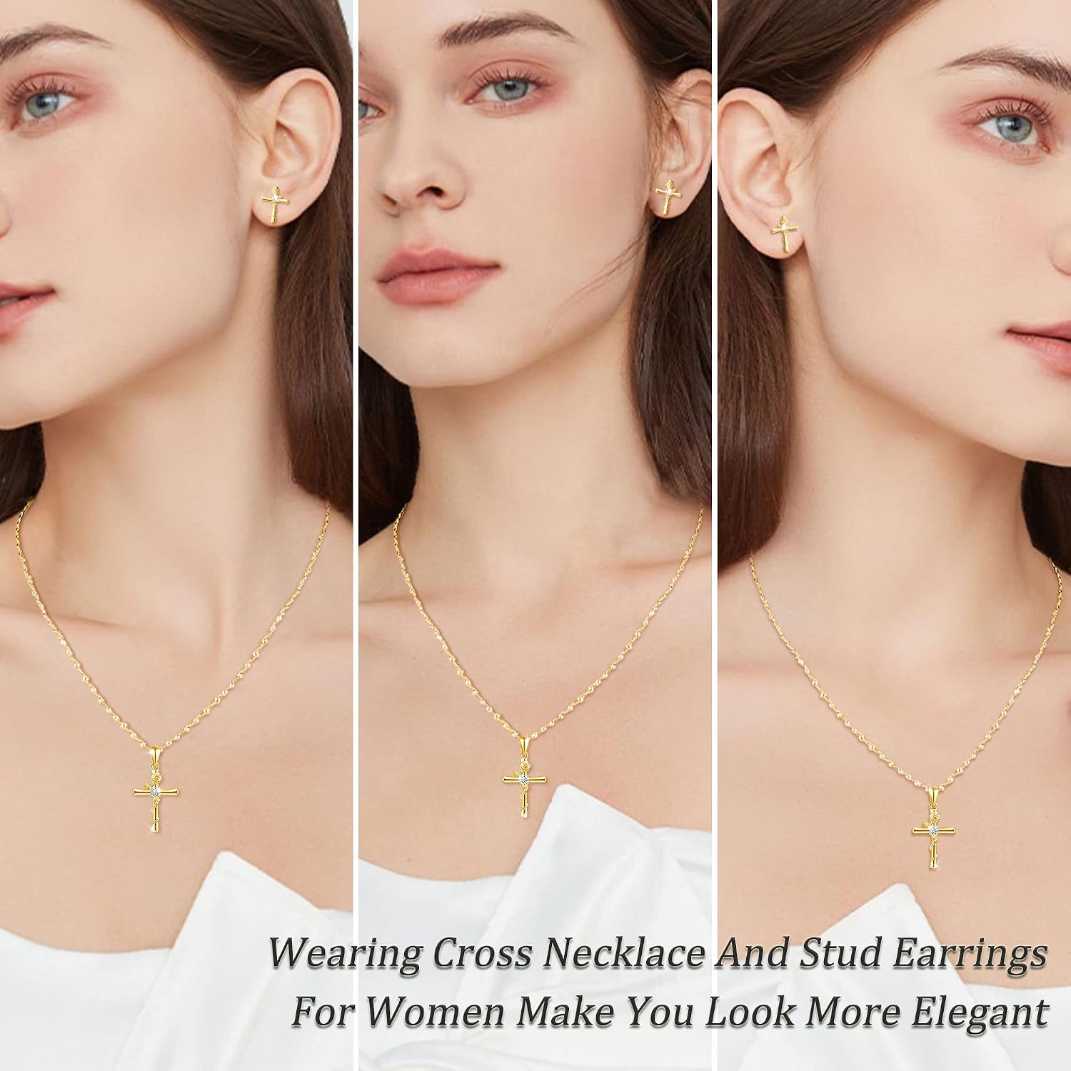 Yumilok Zircon Rose Cross Necklace And Earring Sets for Women Sterling Silver Cross Pendant Stud Earrings Jewelry Set Small Dainty Flower Necklace for Teen Friend Mom Her Birthday Aniversario Gift