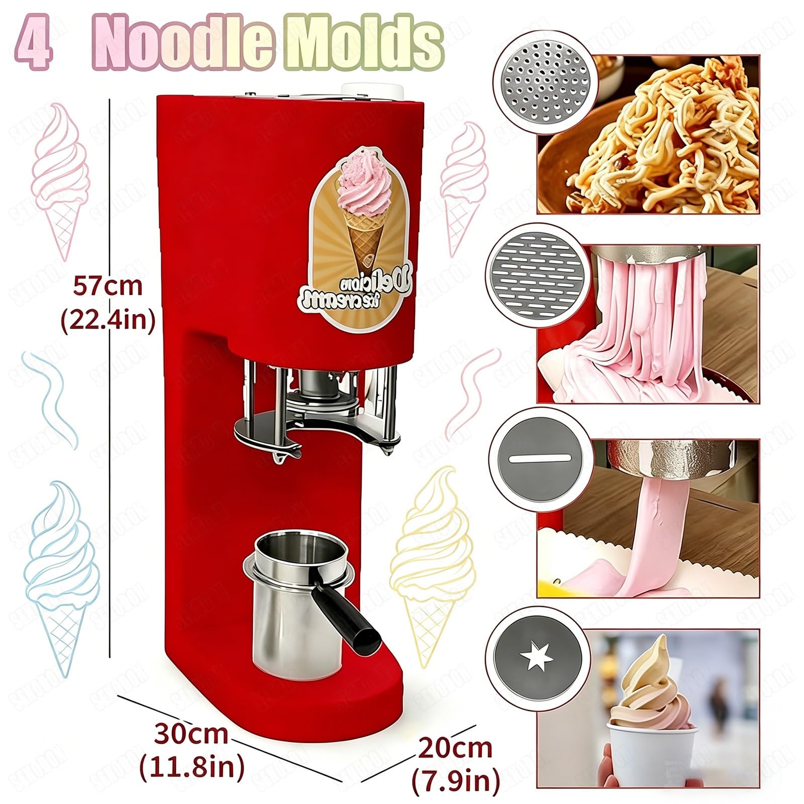 Máquina comercial para hacer helado de espagueti con 4 moldes de diferentes formas, extrusora de fideos de helado con arranque de un solo toque, producción de 7.9 gal/h, para heladerías.