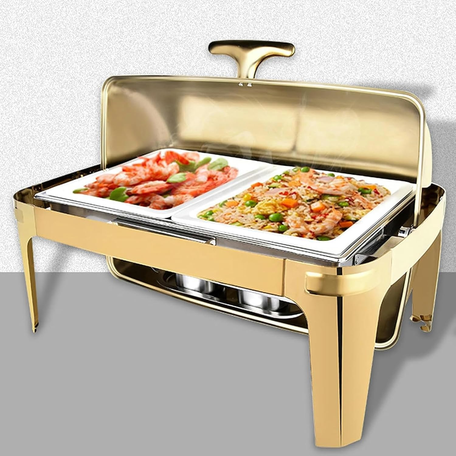 Buffet Server - Hot Pot Buffet Set, Round Heater with Stainless Steel Lid, Hot Plate, Cutlery Set with Fuel Holder, Server with Lid and Food Clip (Gold Plated Ceramics)