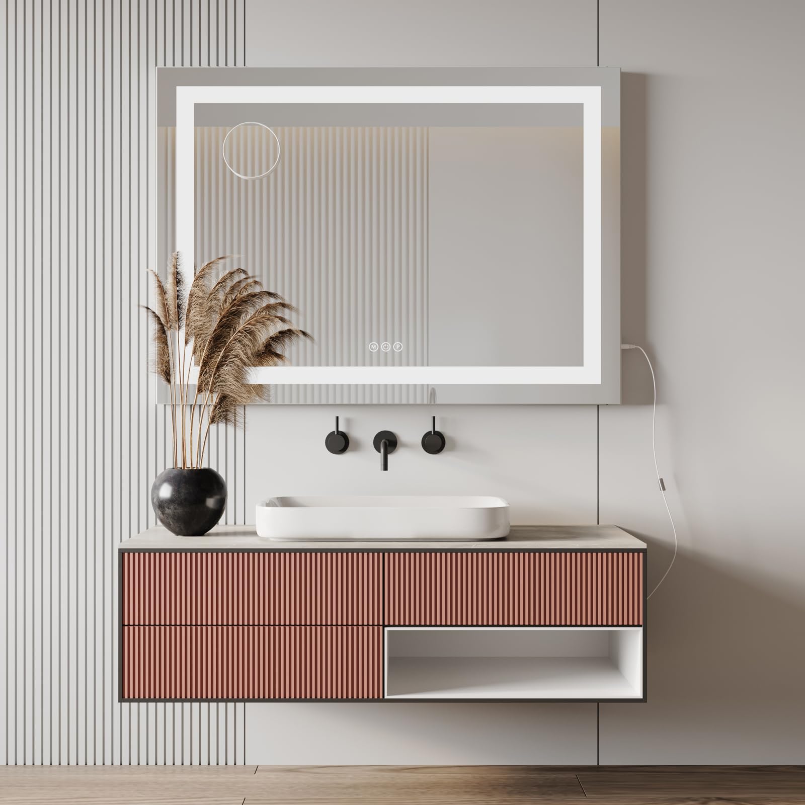 Dripex Specchio da Trucco Illuminato a LED, 80x58 cm (L x H), Controllo Tattile, 3 Modalità di Colore della Luce, Luminosità Regolabile, Include Specchio d'Ingrandimento, da Tavolo o da Parete, Bianco