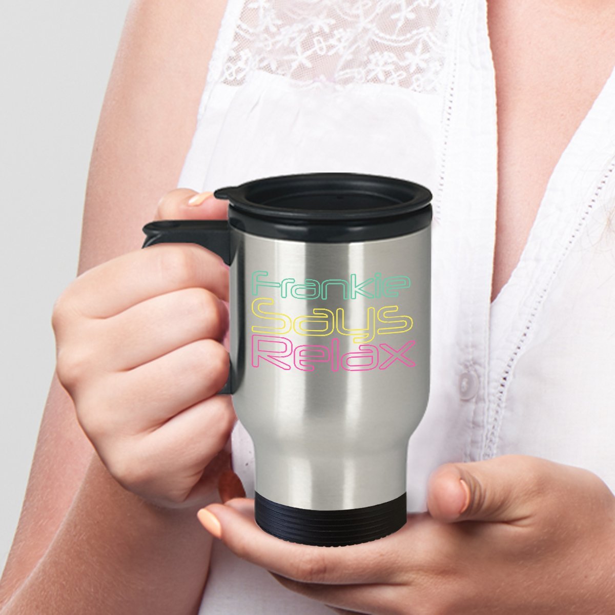 Amazon.com: 80s Coffee Mug - Frankie Says Relax - 1980s Style Gifts -14 Oz  Stainless Steel Travel Cup : Home & Kitchen