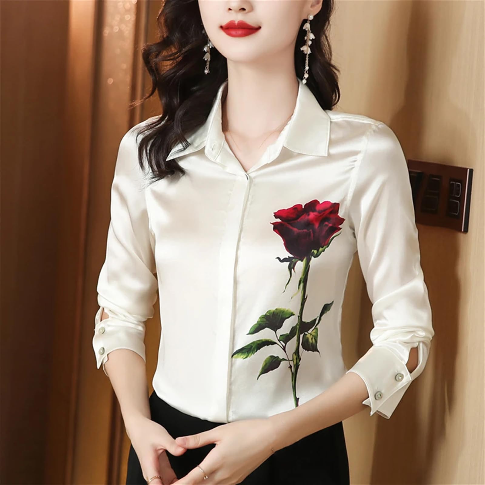 Lmtossey Camicetta vintage a maniche lunghe in raso di raso da donna con stampa floreale
