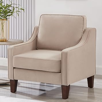 Modern Accent Chair Velvet Upholstered Single Seat Sofa Chair with Wooden Legs Comfy Arm Chair for Living Room Bedroom, Taupe