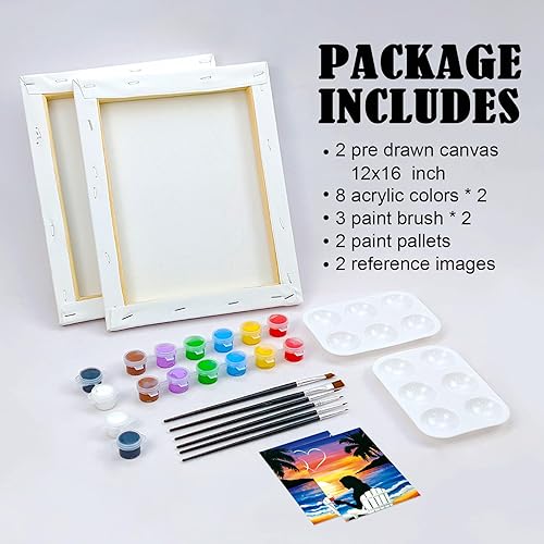 Vista 13 de VOCHIC Kit de pintura para sorbos y pinturas, lienzo predibujado para parejas, kit de pintura para fiestas, juego de pintura con lienzo de contorno