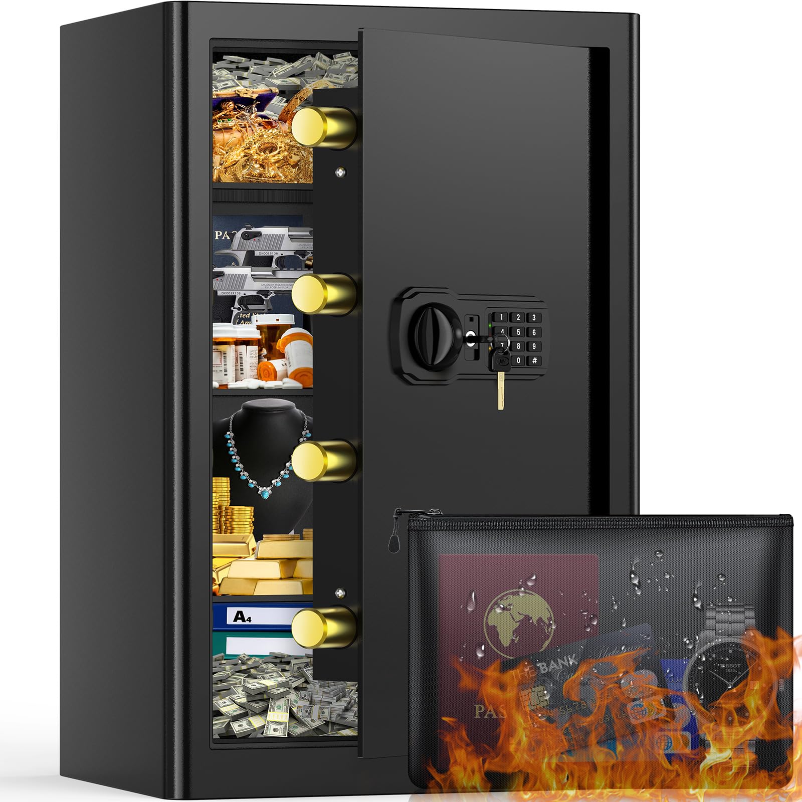 90L Large Safe Box with Document Bag, Personal Security Home Safe with 3 Removable Shelf, Anti-Theft Lock Box for Documents Money Jewelry Valuables — image 1