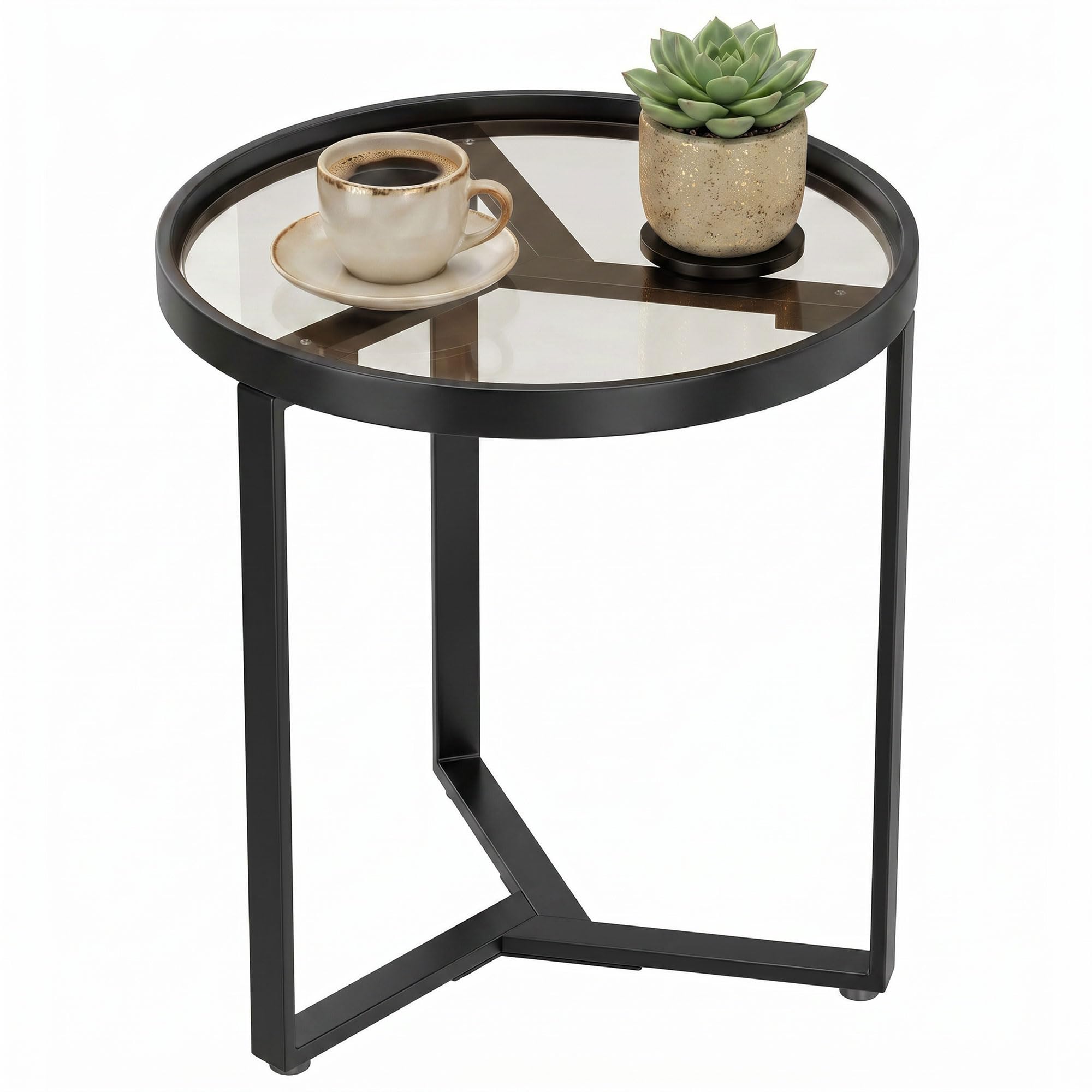HOMCOM Round Side Table with Tempered Glass Top for Small Space Black