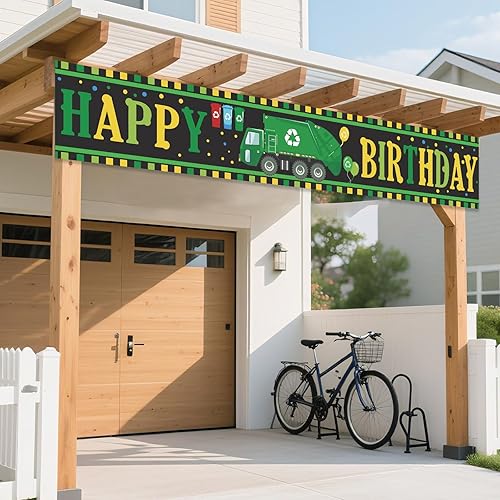 Vista 5 de Cartel de feliz cumpleaños de camión de basura, globos de fondo para gestión de residuos, papelera de reciclaje, decoración temática para decoración
