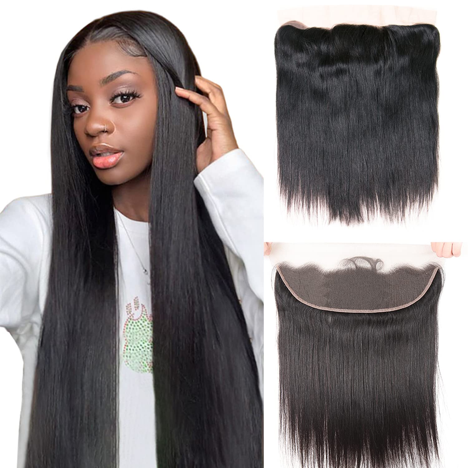 13X4 Lace Frontal Closure Ear to Ear Straight Lace Frontal 100% Unprocessed Brazilian Virgin Human Hair Full Pre-Plucked Natural Black Color 14 Inch