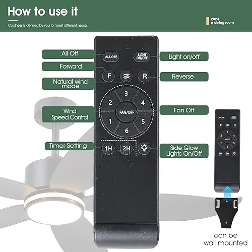 Miniatura 5 de Kviflon Ventiladores de techo de 48 pulgadas con luces y control remoto, moderno ventilador de techo con 5 aspas reversibles, 6 velocidades, 3