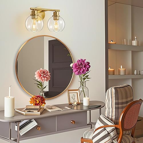 Miniatura 6 de Lámparas de baño sobre espejo, 2 luces, lámpara de tocador de baño con pantalla de vidrio transparente de 13.8 pulgadas, aplique de pared dorado de