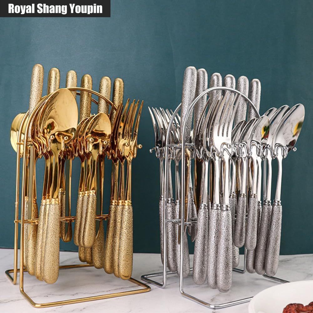 24 Pezzi Martello Grano Manico in Ceramica Cucina Acciaio Inossidabile Posate Stoviglie Posate Coltelli Forchette Cucchiai Set Per 6 Persone (Oro)