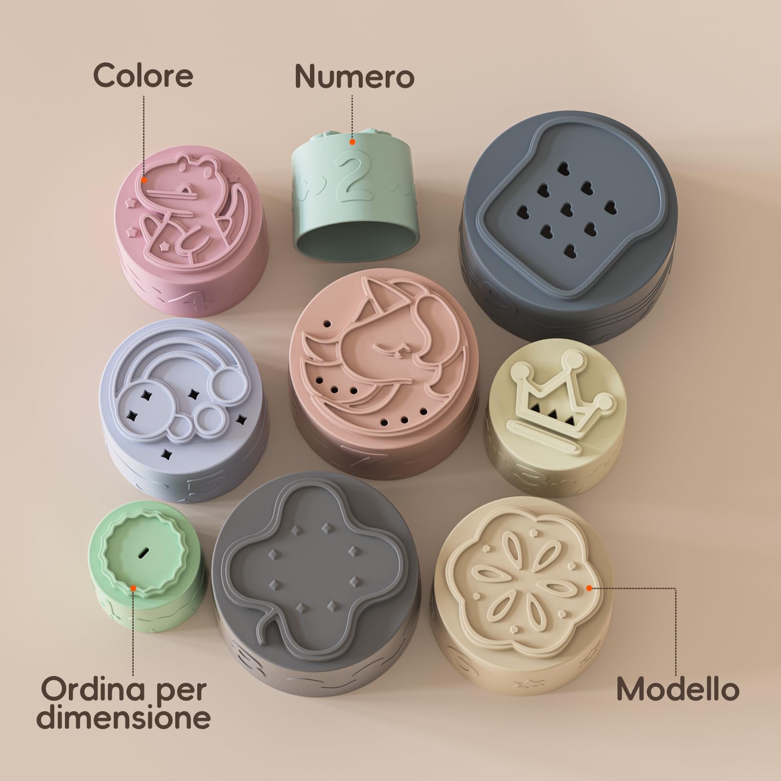 Impilabili Giocattoli Bambini 9 Pezzi 3-6-12 Mesi, Bambino Montessori Educativi Impilabili in Silicone Morbido, Giochi Dentizione Neonato, Regali Bimba Bimbo 1 2 Anno