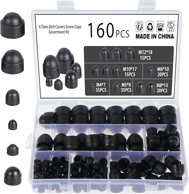 Dome Nut Kit, 160PCS Black Plastic Dome Bolt Nut Covers Screw Caps, Nylon Acorn Dome Protective Caps M4 M5 M6 M8 M10 M12 Nut Cover for Protecting Hex Screws Bolts