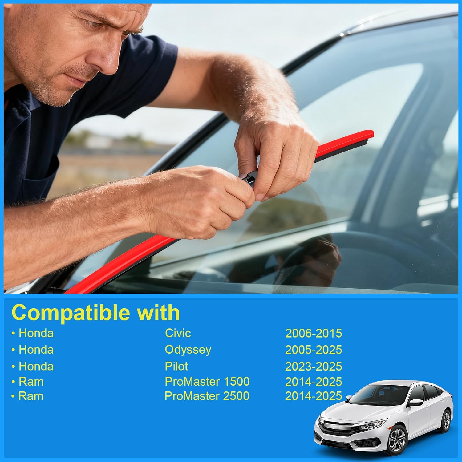 CJPPPZIW® Windshield Wipers -26"+22" Replacement for Honda Civic 2006-2015/Odyssey 2005-2025/Pilot 2023-2025/Ram ProMaster 1500 2014-2025,OEM Quality Premium All-Season Red Wiper Blades (Set of 2)