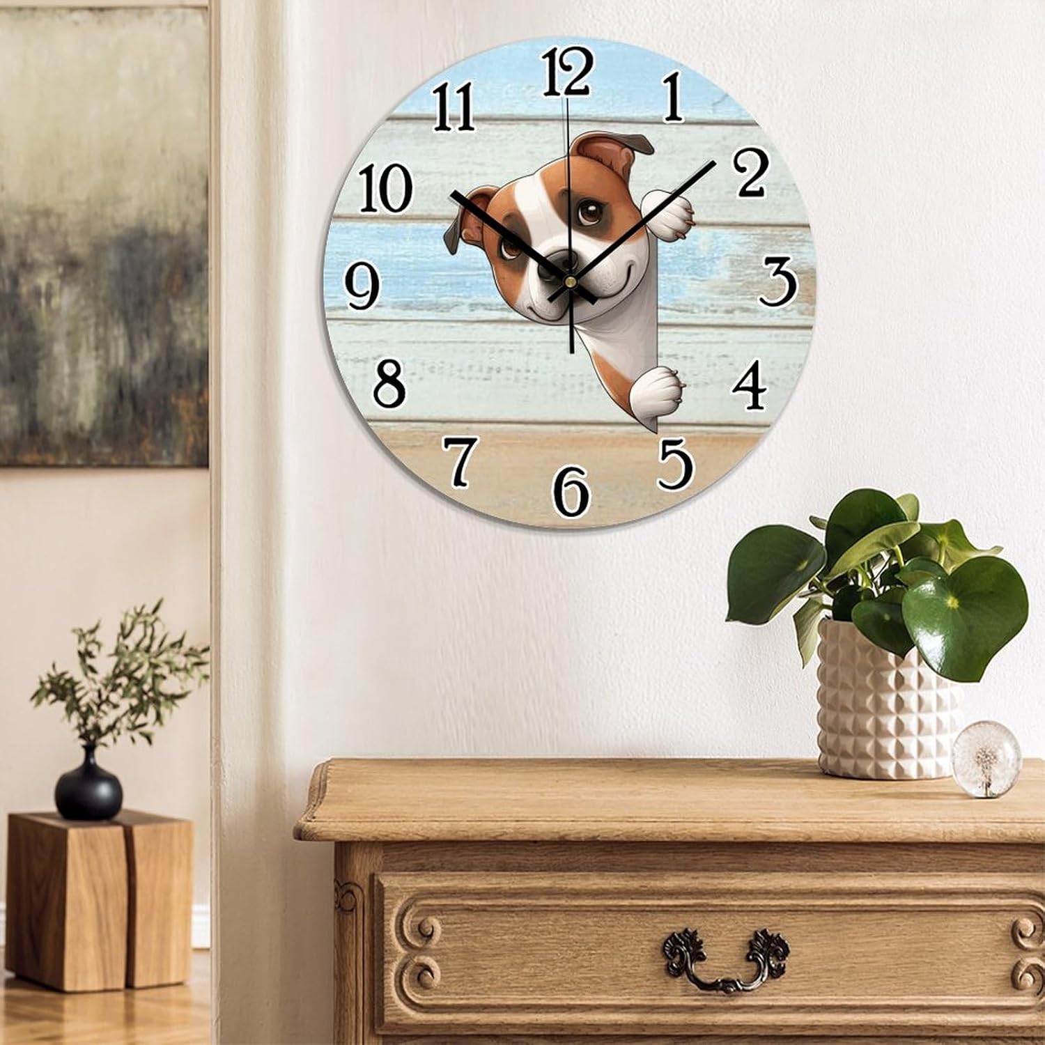 Staffordshire Bull Terrier Wall Clock 15 Inch Silent Non Ticking Clock PVC Dog Peeking Around Corner Wall Clock Battery Operated Rustic Farmhouse Wall Clock Decor for Kitchen Bedroom