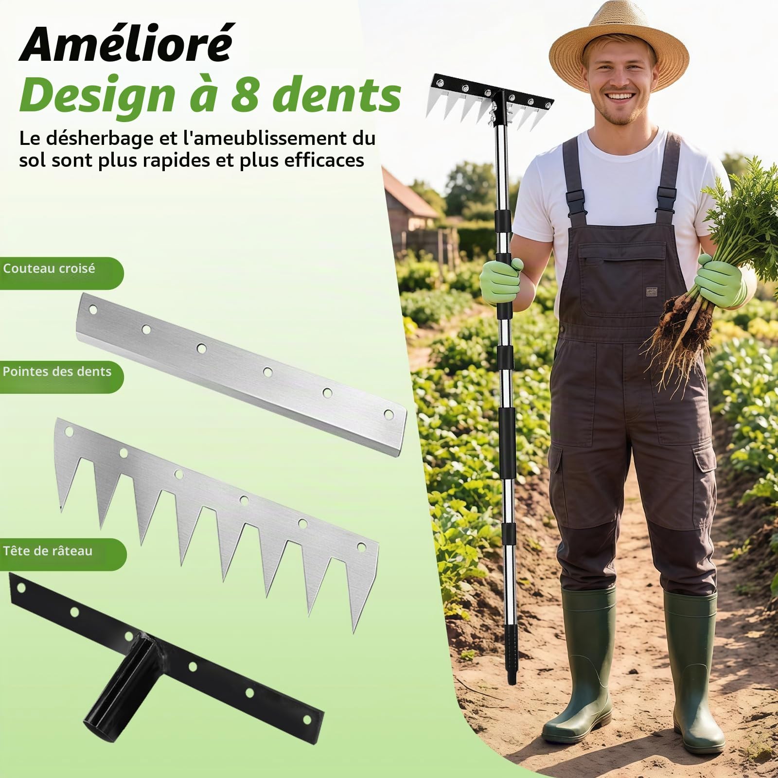 Rateau De Désherbage, Râteau Jardin avec Manche(155cm) Dents Râteau De Désherbage Multifonction en Acier au Manganèse pour Désherber, Desserrer et Semer (8 Dents)