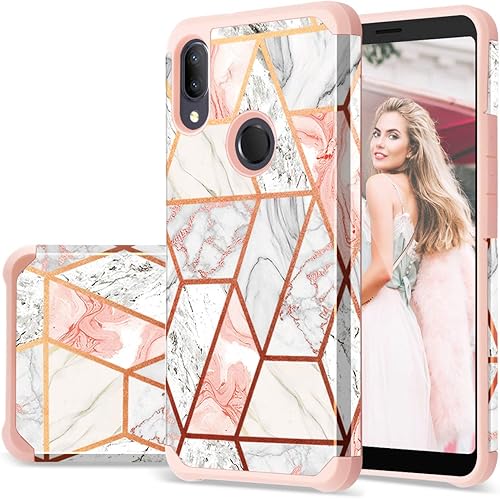 Fingic ALCATEL - Funda de 3 V 2019  5032 W, diseño de mármol de oro rosa brillante, parachoques híbrido de policarbonato duro, funda de silicona de