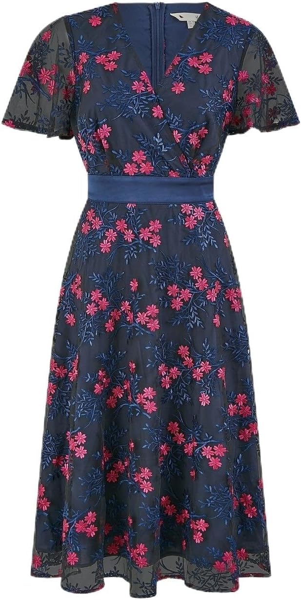 Navy Embroidered Floral Mesh Wrap Midi Skater Dress