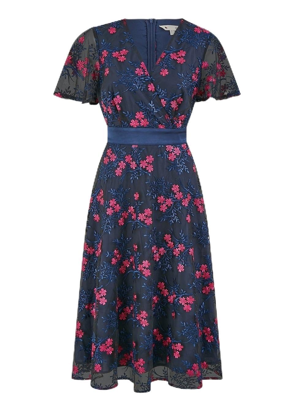 Yumi Women's Navy Embroidered Floral Mesh Wrap Midi Skater Dress | : Size 14