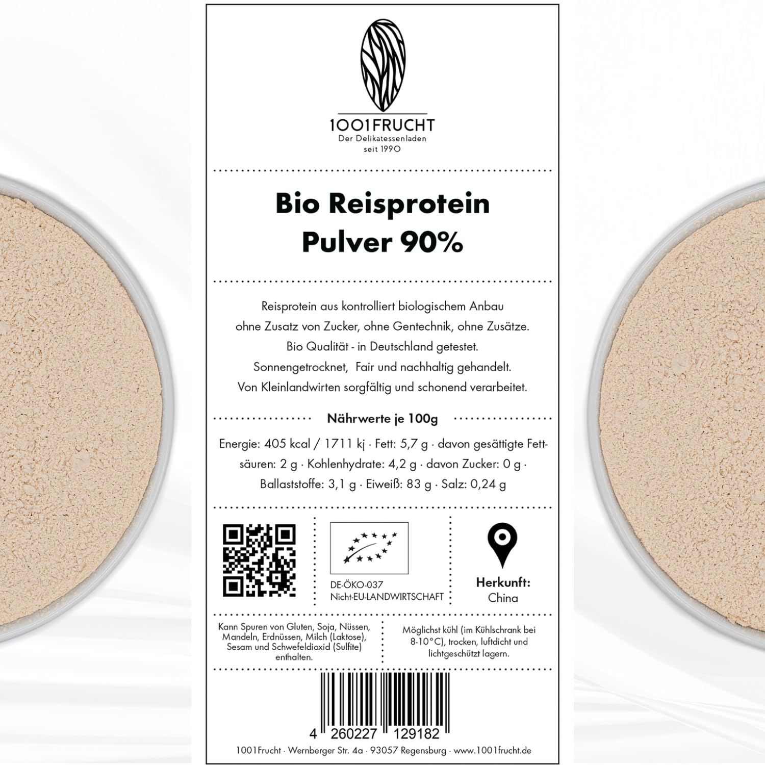 1001 Frucht Bio Reisprotein Pulver 90% - Reisproteinpulver Bio - Reisprotein Pulver - 300g Proteinpulver