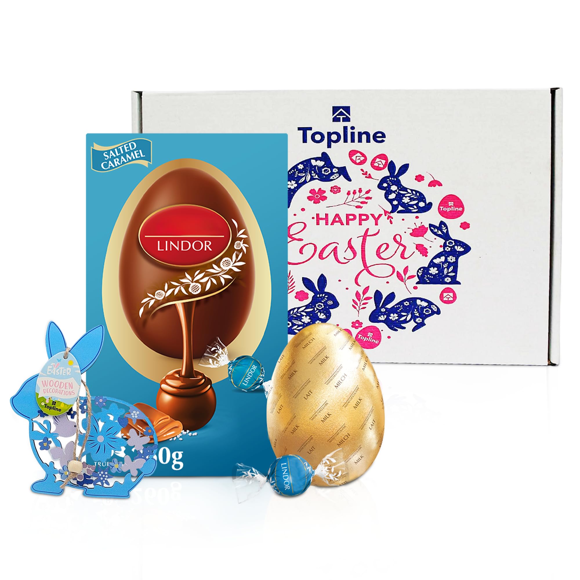 Easter Egg Hamper - Luxury Milk Chocolate Egg with Salted Caramel Truffles 260g Chocolates Gift Box and Wooden Topline Easter Decoration, Easter Gifts for Women