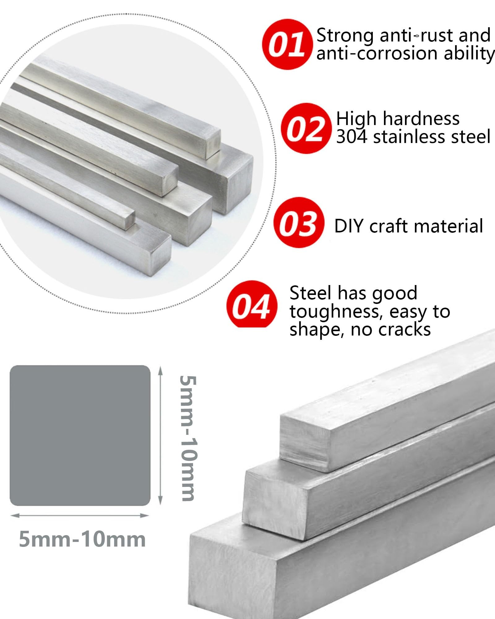Barra quadrata in acciaio inossidabile 304, 5-15 mm, lunghezza 500 mm, confezione da 2 pezzi, aste in metallo resistenti alla corrosione, per progetti fai da te, fabbricazione e miglioramento della