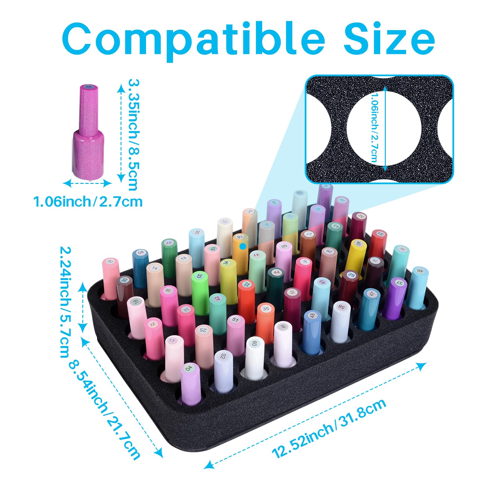 Soporte organizador de esmalte de uñas de espuma con ranuras para almacenamiento, 54 botellas (15 ml), bandeja de esmalte de uñas o aceite esencial para cajones, color negro