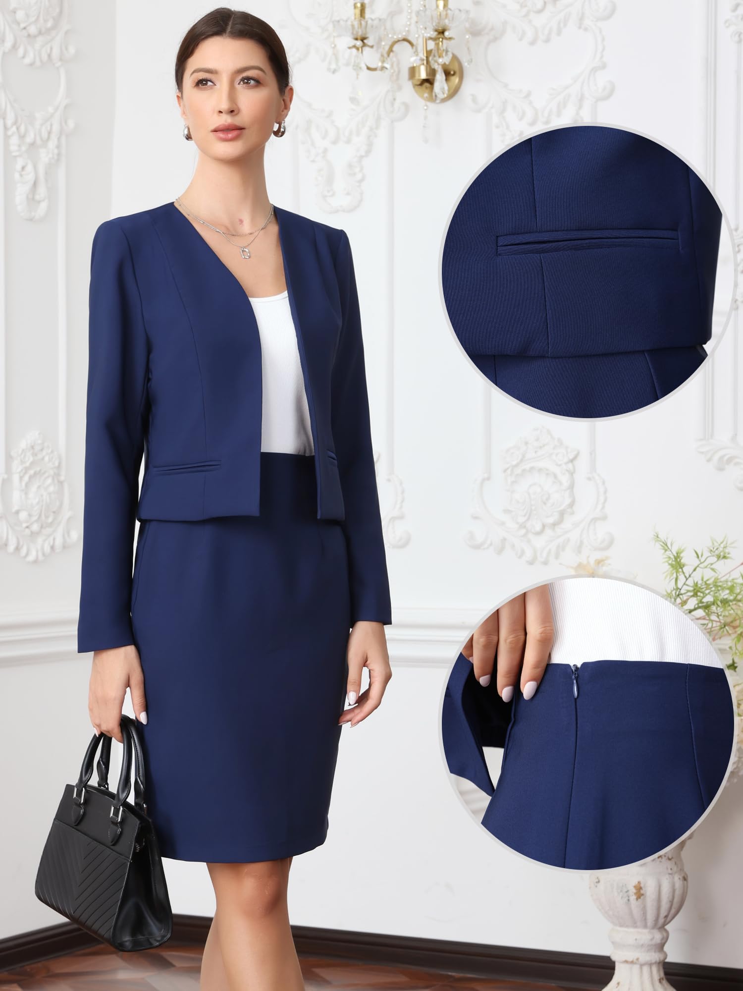 Allegra K Conjunto de Traje de Falda de Negocios para Mujer 2 Piezas para Oficina Trabajo Chaqueta Corta con Abertura Frontal Falda Lápiz