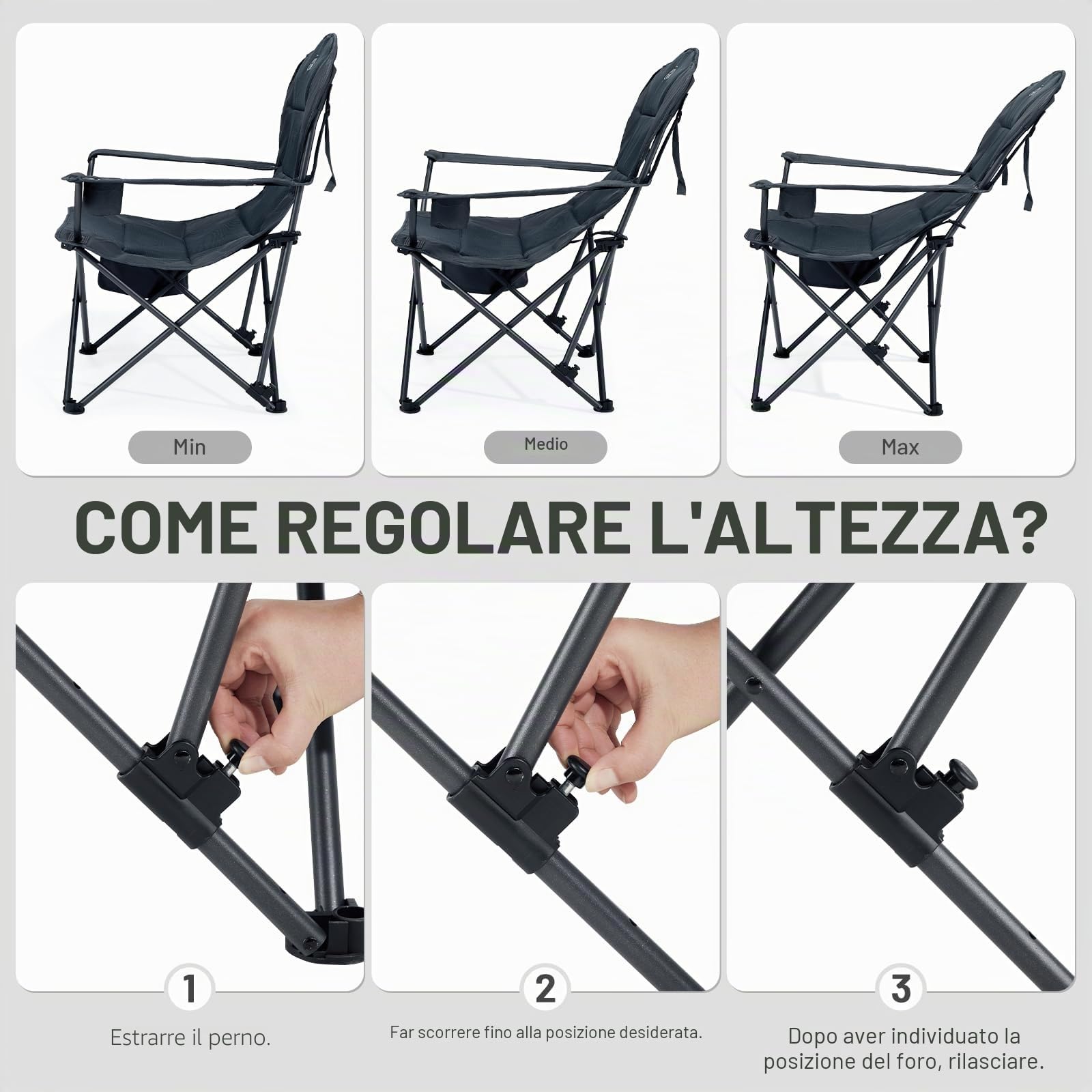 TIMBER RIDGE Sedia da campeggio pieghevole 180 kg schienale regolabile 3 posizioni sedia imbottita da pesca larghezza seduta extra 62 cm con tasca laterale e portabicchieri