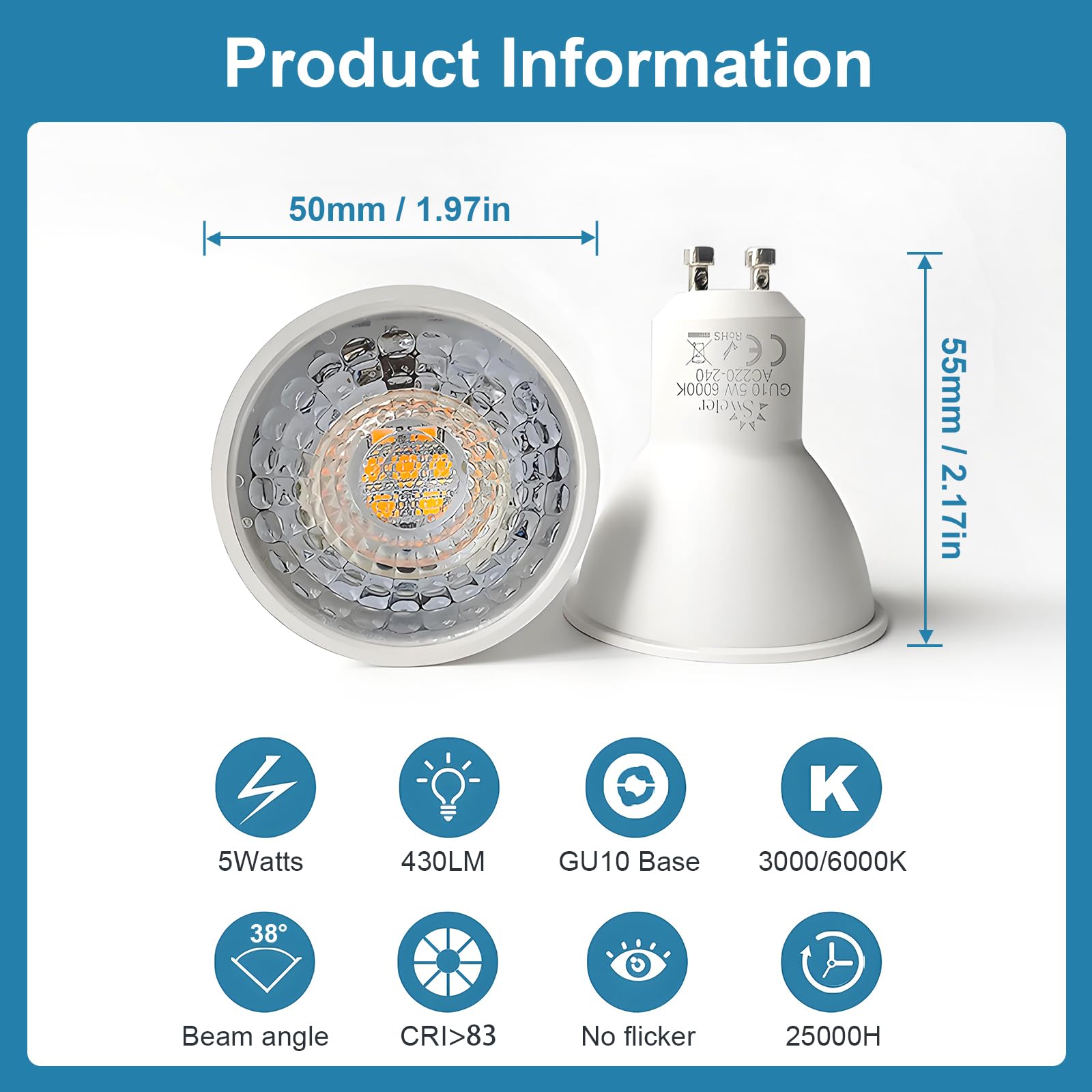 Lampadine LED GU10, Bianco Freddo 6000K 430Lumen(Risparmio energetico, Lunga durata, Flicker Free), 5W equivalente a 50W di faretto alogeno, Non dimmerabile Set di 4