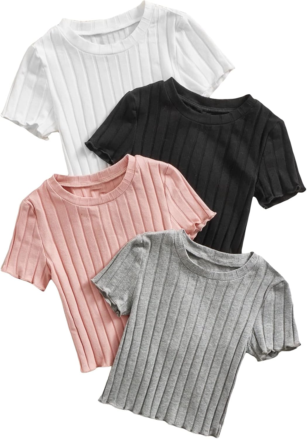 WDIRARA Toddler Girl's Lettuce Trim Ribbed Knit Round Neck Short Sleeve Tee Top 4 Piece Set