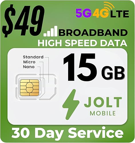 JOLT - Tarjeta SIM de datos para 30 días, 15 GB de alta velocidad, 5G 4G LTE, compatible con redes nacionales para seguridad desbloqueada, cámaras