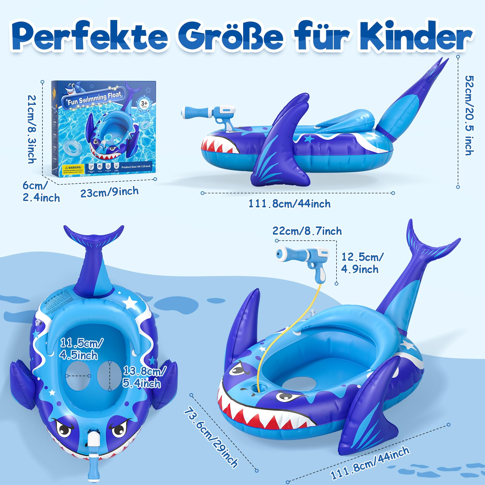Schwimmring Kinder mit Wasserpistole, Aufblasbarer Schwimmreifen Schlauchboot Schwimmreifen Schwimmhilfe Kinder Schwimmsitz für Kleinkind von 3-8 Jahre,Baby Schwimmring